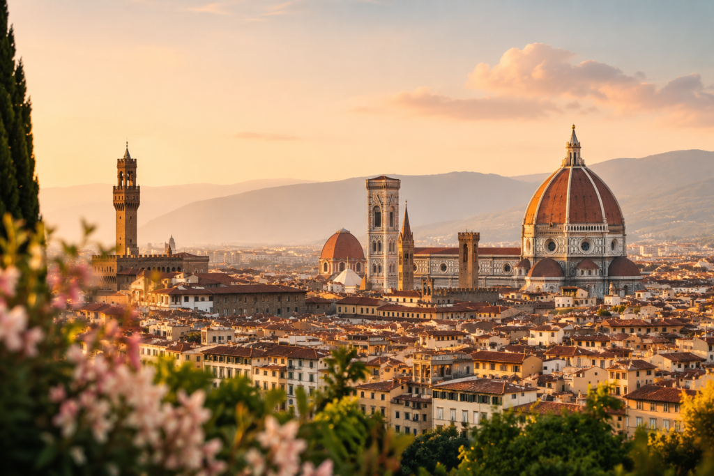 Panoramisch uitzicht over Florence tijdens golden hour met de Duomo, Toscaanse daken en warme zonsondergang.